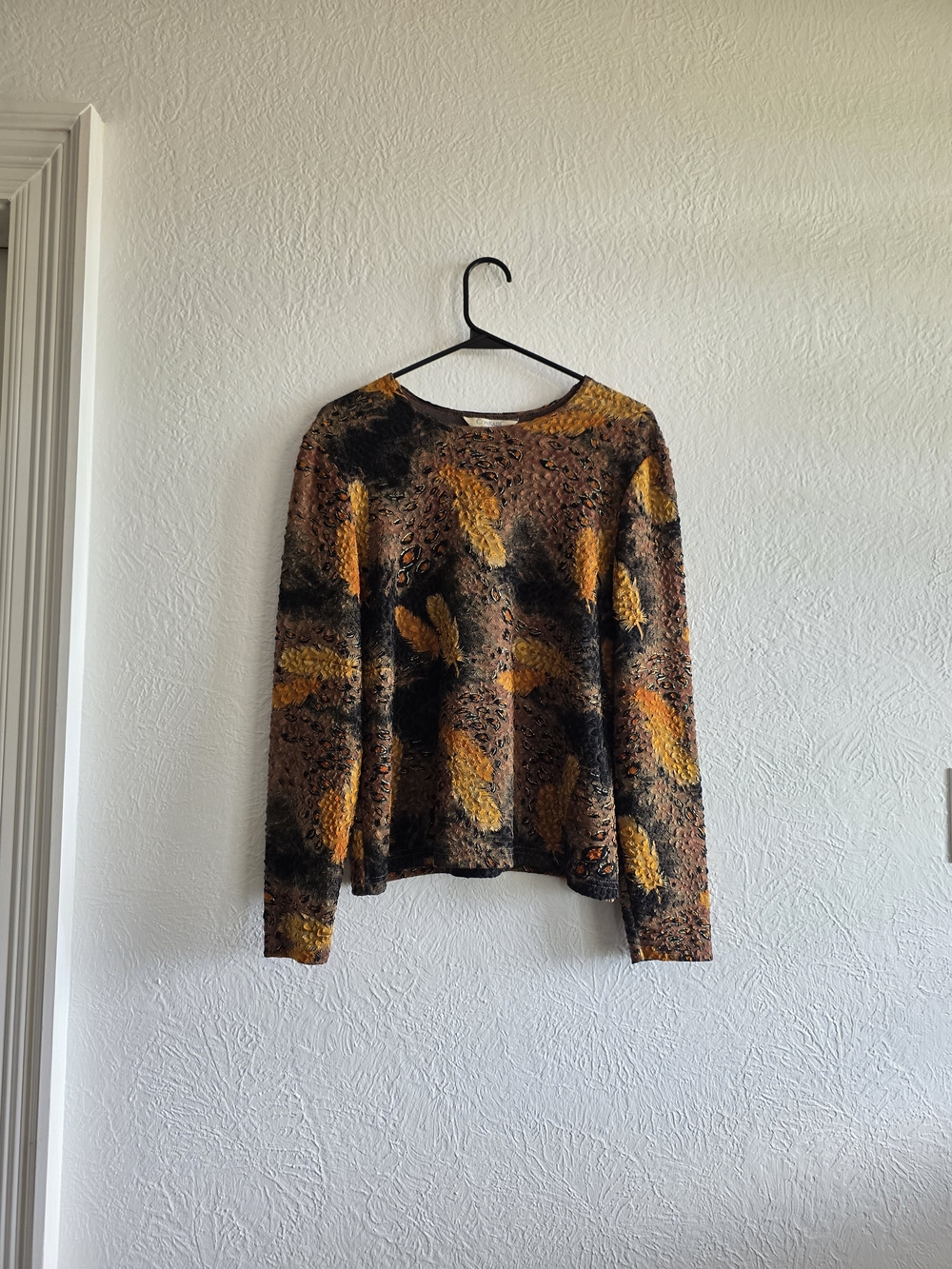 Textured Mixed-Color Long Sleeve Women's Blouse - Brown & Mustard
